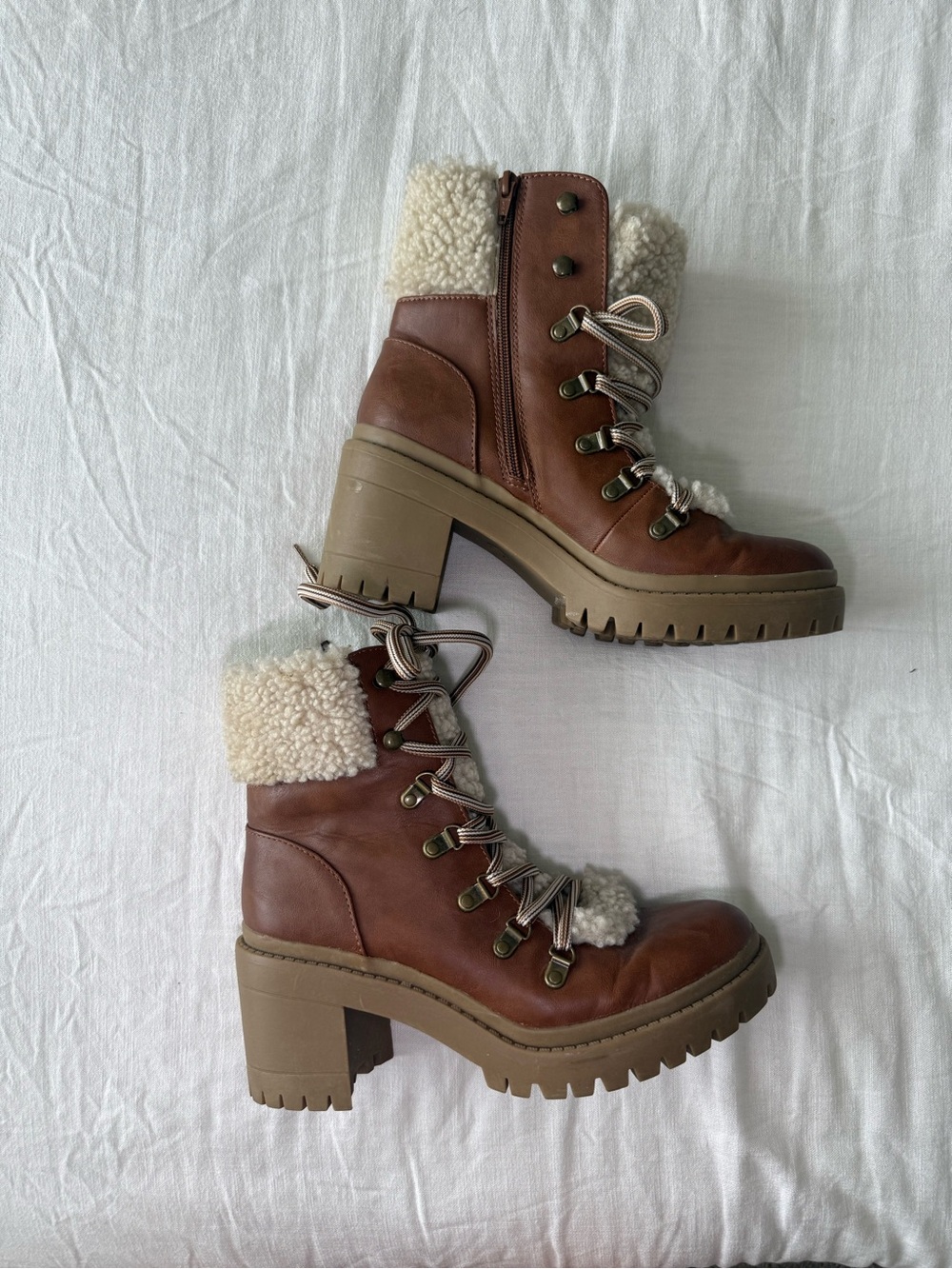 Target Brown Lace-Up Shearling Trim Block Heel Boots